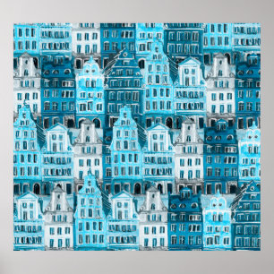 Amsterdam architecture, blue watercolor texture. poster