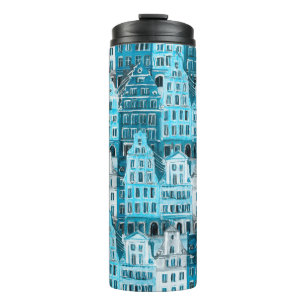 Amsterdam architecture, blue watercolor texture. thermal tumbler