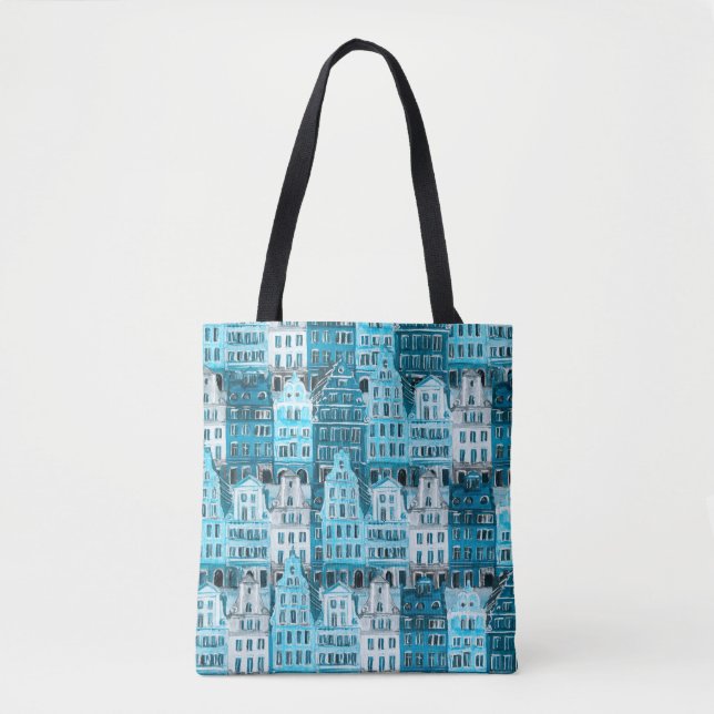 Amsterdam architecture, blue watercolor texture. tote bag (Front)