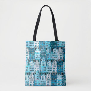 Amsterdam architecture, blue watercolor texture. tote bag