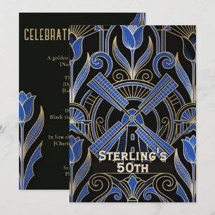 Amsterdam Art Deco Windmills 50th Birthday Invitation