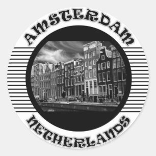 AMSTERDAM BLACK AND WHITE CLASSIC ROUND STICKER