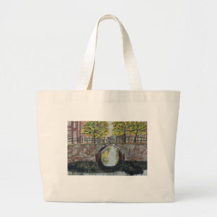 Amsterdam Bridge and Canal Scene in Autumn   Large Tote Bag