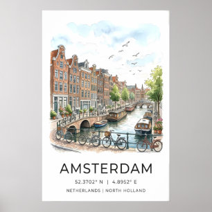Amsterdam Canal Art Print Watercolor Houses and