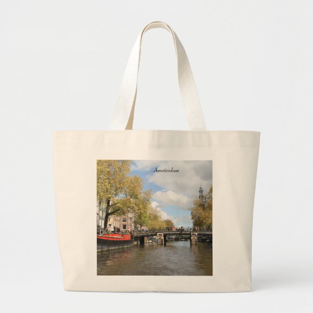 Amsterdam, Canal, Bridge, Houseboat, Church Spire Large Tote Bag (Front)