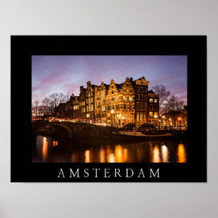 Amsterdam canal houses at dusk black poster