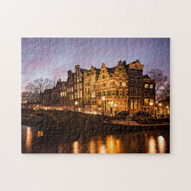 Amsterdam canal houses at dusk jigsaw puzzle (Horizontal)