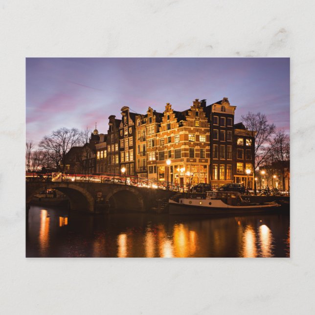 Amsterdam canal houses at dusk postcard (Front)