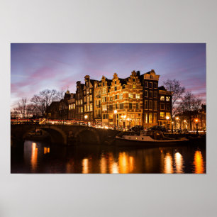 Amsterdam canal houses at dusk poster