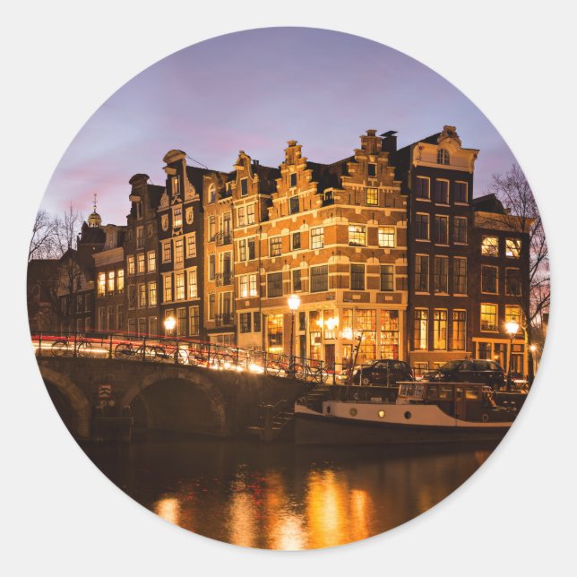 Amsterdam canal houses at dusk round sticker (Front)