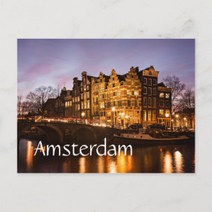 Amsterdam canal houses at dusk text postcard