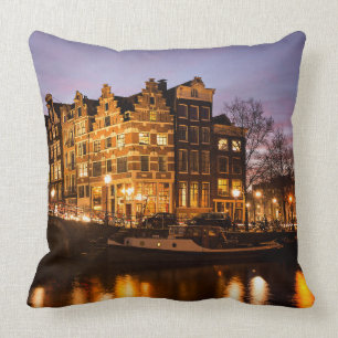 Amsterdam canal houses at dusk throw pillow