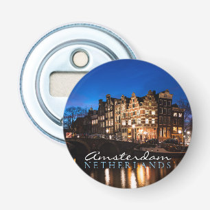 Amsterdam canal houses at night bottle opener