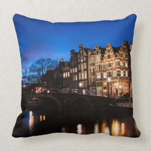 Amsterdam canal houses at night cushion