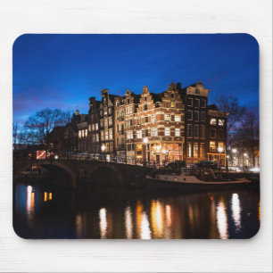 Amsterdam canal houses at night mouse mat