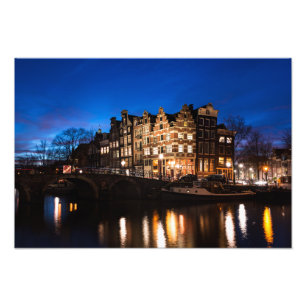 Amsterdam canal houses at night photo print