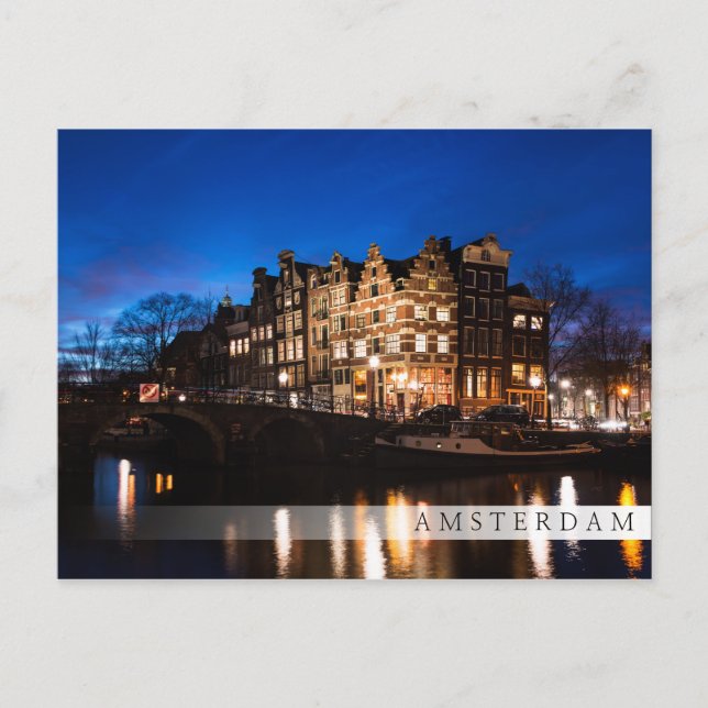 Amsterdam canal houses at night postcard (Front)