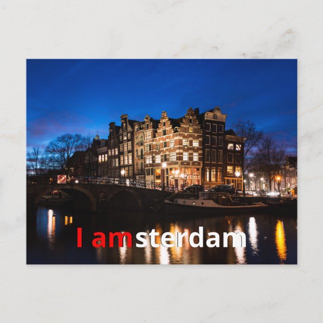 Amsterdam canal houses at night postcard (Front)