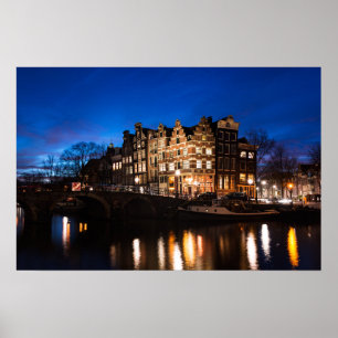 Amsterdam canal houses at night poster