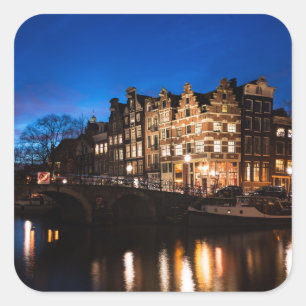 Amsterdam canal houses at night square sticker