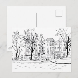 Amsterdam Canal Houses Black and White Sketch Postcard