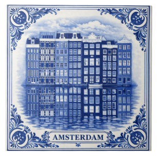 Amsterdam canal houses Delft Blue style tile