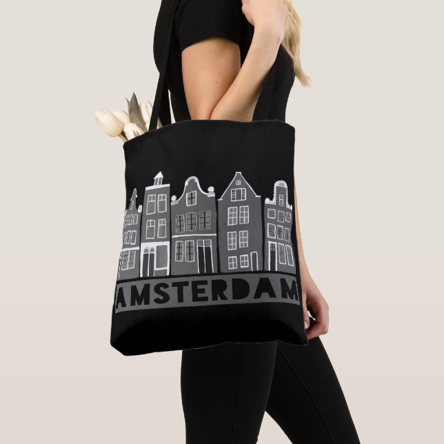 Amsterdam Canal Houses Dutch Village Black White Tote Bag (Close Up)