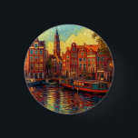 Amsterdam canal houses van Gogh style 3 Cm Round Badge<br><div class="desc">a beautiful painting in van Gogh style of the canal houses and houseboats in Amsterdam</div>