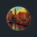 Amsterdam canal houses van Gogh style 3 Cm Round Badge<br><div class="desc">a beautiful painting in van Gogh style of the canal houses and houseboats in Amsterdam</div>