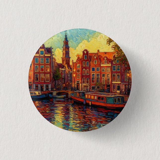 Amsterdam canal houses van Gogh style 3 Cm Round Badge (Front)