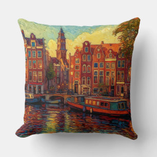 Amsterdam canal houses van Gogh style Cushion