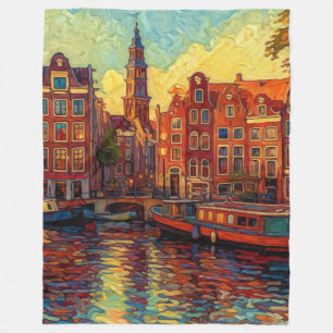 Amsterdam canal houses van Gogh style Fleece Blanket