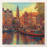 Amsterdam canal houses van Gogh style Glass Coaster<br><div class="desc">a beautiful painting in van Gogh style of the canal houses and houseboats in Amsterdam</div>