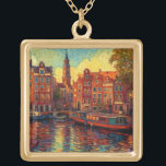 Amsterdam canal houses van Gogh style Gold Plated Necklace<br><div class="desc">a beautiful painting in van Gogh style of the canal houses and houseboats in Amsterdam</div>