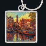 Amsterdam canal houses van Gogh style Key Ring<br><div class="desc">a beautiful painting in van Gogh style of the canal houses and houseboats in Amsterdam</div>