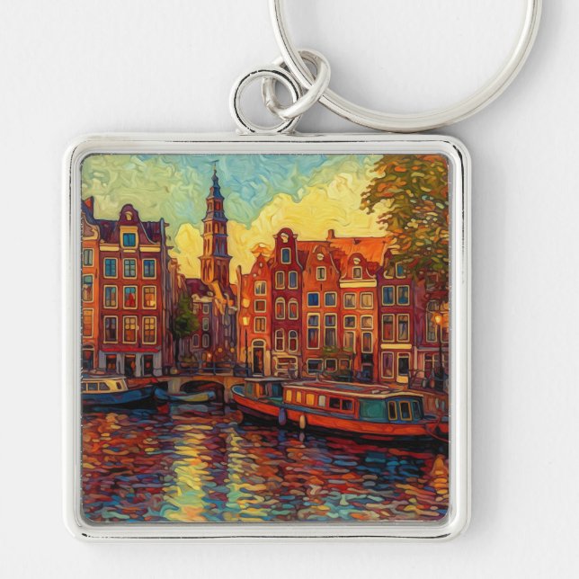 Amsterdam canal houses van Gogh style Key Ring (Front)
