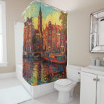 Amsterdam canal houses van Gogh style Shower Curtain<br><div class="desc">a beautiful painting in van Gogh style of the canal houses and houseboats in Amsterdam</div>