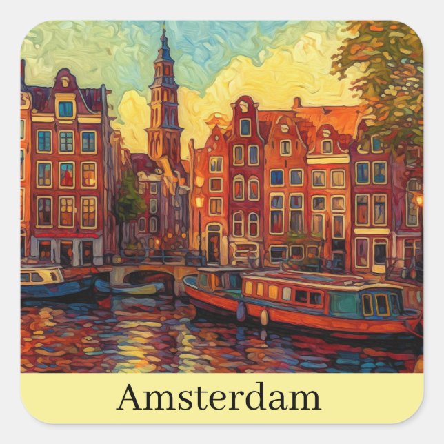 Amsterdam canal houses van Gogh style Square Sticker (Front)