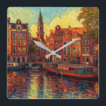 Amsterdam canal houses van Gogh style Square Wall Clock<br><div class="desc">a beautiful painting in van Gogh style of the canal houses and houseboats in Amsterdam</div>