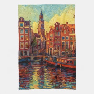 Amsterdam canal houses van Gogh style Tea Towel