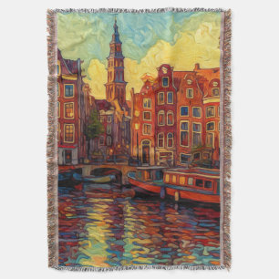 Amsterdam canal houses van Gogh style Throw Blanket