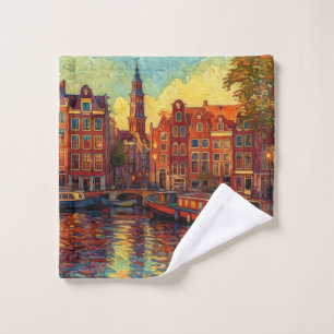 Amsterdam canal houses van Gogh style Wash Cloth