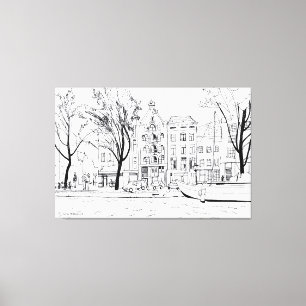Amsterdam Canal Line Drawing – Black & White Canvas Print