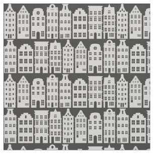 Amsterdam Canal Row Houses Charcoal Silver Pattern Fabric