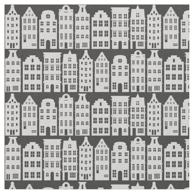 Amsterdam Canal Row Houses Charcoal Silver Pattern Fabric (Close Up)