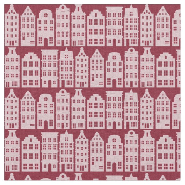 Amsterdam Canal Row Houses Marsala Red Pattern Fabric (Close Up)
