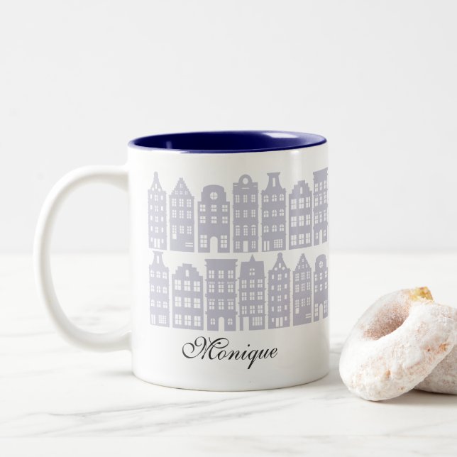 Amsterdam Canal Row Houses Personalised Light Blue Two-Tone Coffee Mug (With Donut)