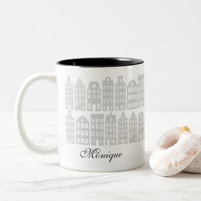 Amsterdam Canal Row Houses Personalised Silver Two-Tone Coffee Mug (With Donut)
