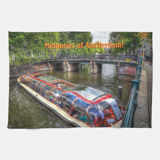 Amsterdam Canal Scene, Tours of Amsterdam Tea Towel (Horizontal)