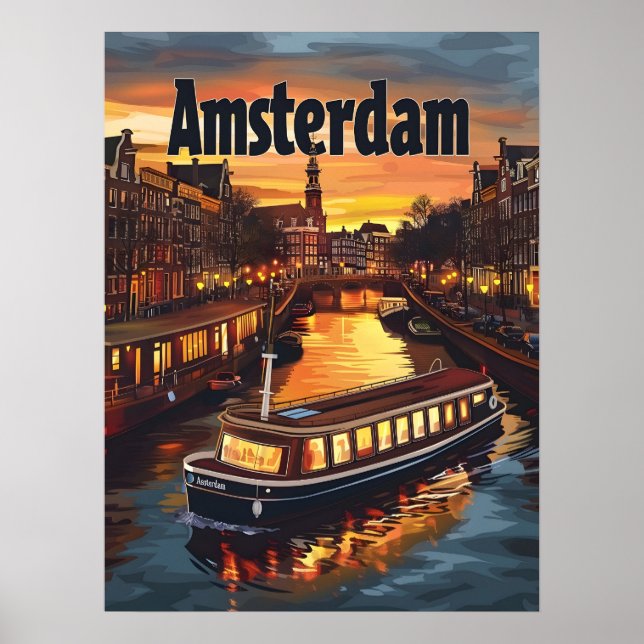 Amsterdam Canal : Sunset and City lights Poster (Front)